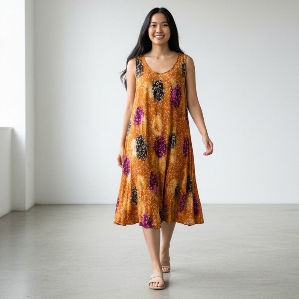 Go Gal Cover Up Dress One Size Orange Batik A Line Scoopneck Sleeveles
